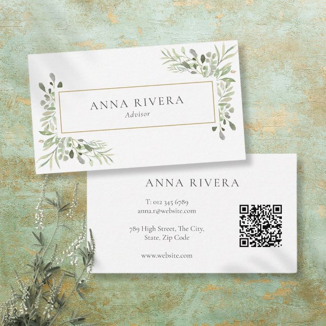 Watercolor Greenery Gold Geometric QR Code Business Card (Watercolor Greenery Gold Geometric QR Code Business Card)