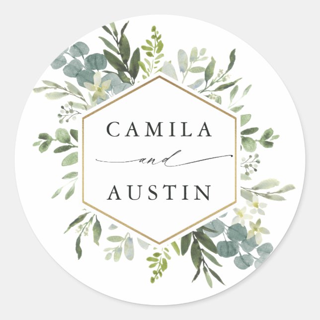 Watercolor Greenery Gold Hexagon Wedding Classic Round Sticker (Front)
