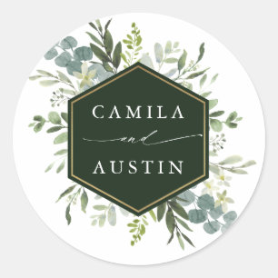 Watercolor Greenery Gold Hexagon Wedding Classic Round Sticker