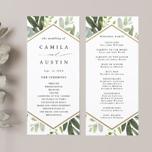 Watercolor Greenery Gold Hexagon Wedding Program Programme
