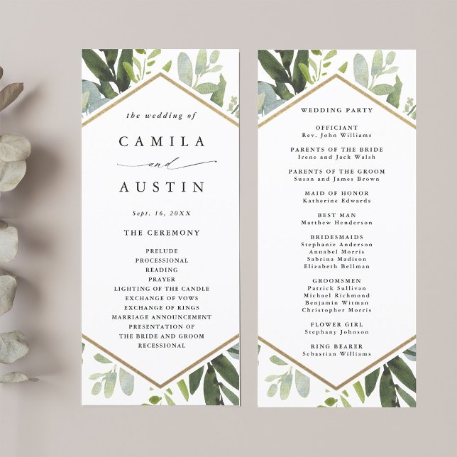 Watercolor Greenery Gold Hexagon Wedding Program Programme (Front & Back)