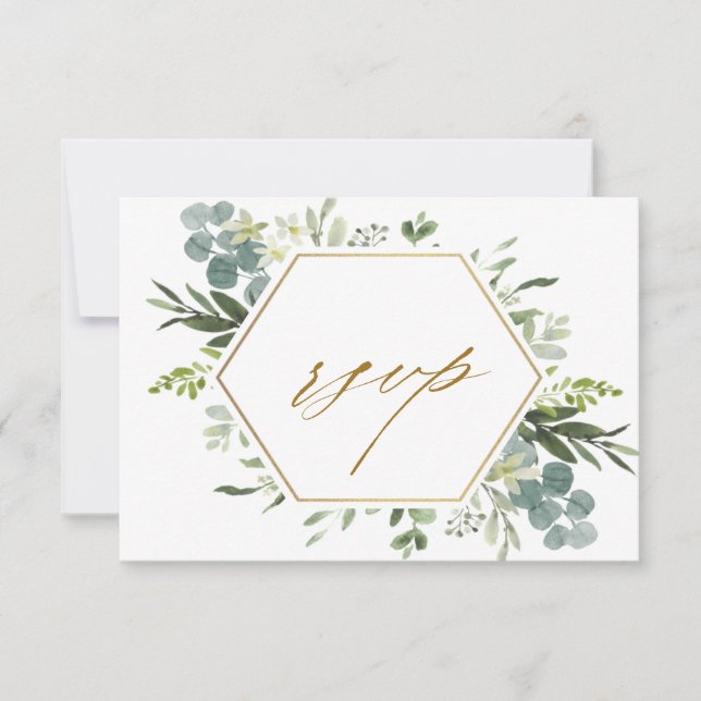 Watercolor Greenery Gold Hexagon Wedding RSVP Card (Front)