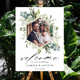 Watercolor Greenery Gold Hexagon Wedding Sign