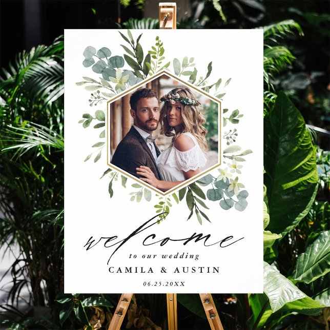 Watercolor Greenery Gold Hexagon Wedding Sign (Creator Uploaded)