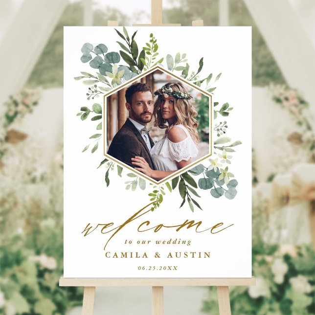 Watercolor Greenery Gold Hexagon Wedding Sign (Creator Uploaded)