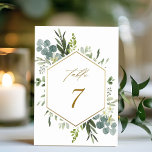 Watercolor Greenery Gold Hexagon Wedding Table Num Number<br><div class="desc">This wedding table number features painted watercolor eucalyptus,  green leaves,  flowers with a faux gold geometric hexagon frame. For more advanced customisation of this design,  please click the "Customise further" link. Matching items are also available.</div>