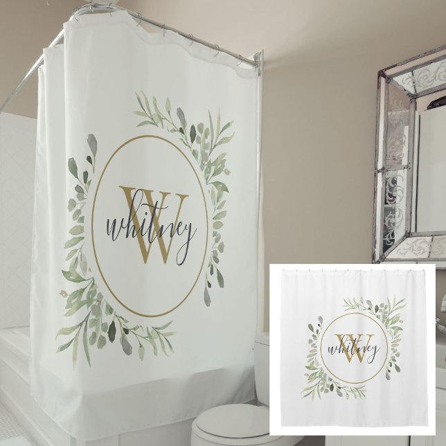 Watercolor Greenery Gold Monogram Chic Script Shower Curtain (Watercolor Greenery Gold Monogram Chic Script Shower Curtain)