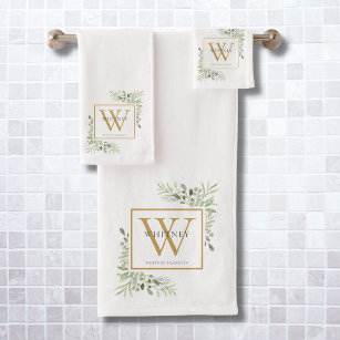 Watercolor Greenery Gold Monogram Name Bath Towel Set