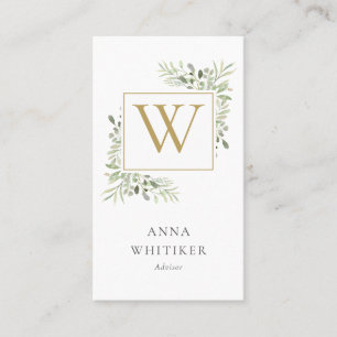 Watercolor Greenery Gold Monogram Professional Business Card