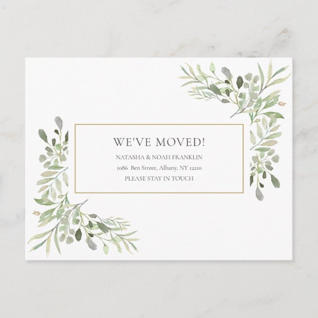 Watercolor Greenery Gold Moving Announcement Postcard (Front)