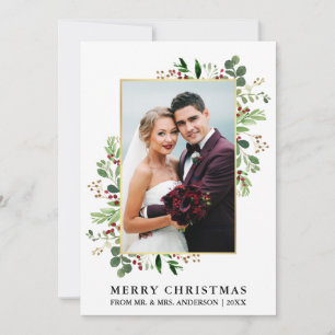Watercolor Greenery Gold Newlywed Christmas Holiday Card