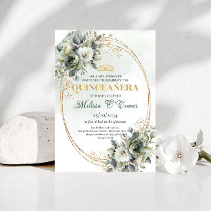 Watercolor Greenery Gold Quinceañera Birthday Invitation