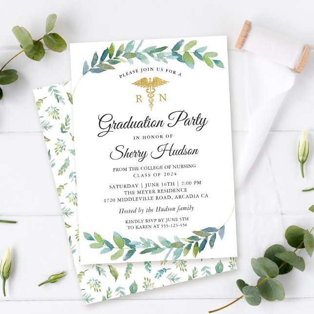 Watercolor Greenery Gold RN Nursing Graduation Invitation (Creator Uploaded)