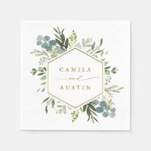 Watercolor Greenery Gold Script Hexagon Wedding Napkin