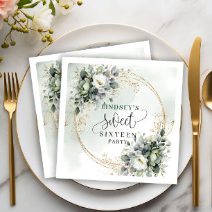 Watercolor Greenery Gold Sweet Sixteen Party Napki Napkin
