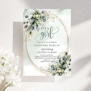 Watercolor Greenery Gold Theme It’s A Girl Invites