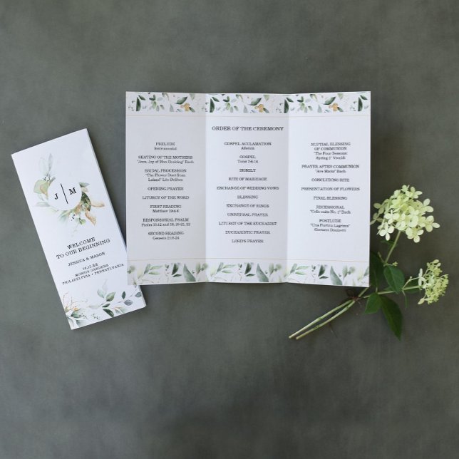 Watercolor Greenery Gold Trifold Wedding Program Flyer (Creator Uploaded)