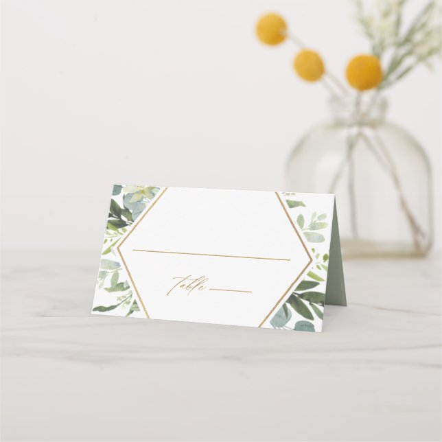 Watercolor Greenery Gold Wedding Personalised Place Card (Front)