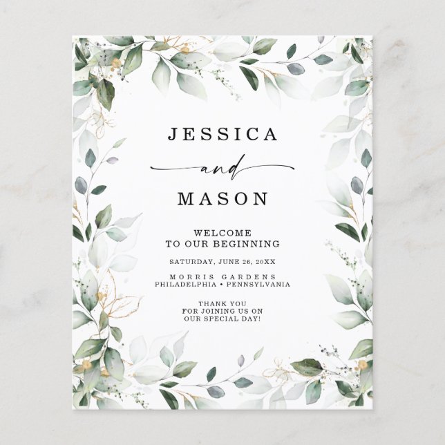 Watercolor Greenery Gold Wedding Program Budget Flyer (Front)