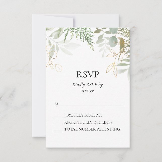 Watercolor Greenery Gold Wedding  RSVP Card (Front)