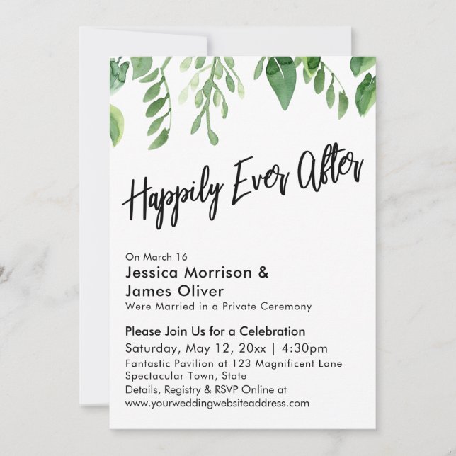 Watercolor Greenery Handwriting Happily Ever After Invitation (Front)