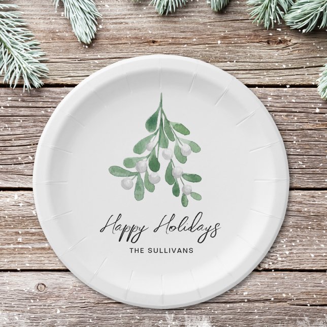 Watercolor Greenery Happy Holidays Paper Plate (Creator Uploaded)
