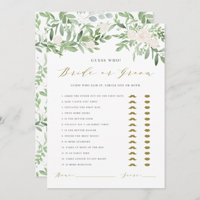 Watercolor Greenery He Said She Said Game Card (Front/Back)