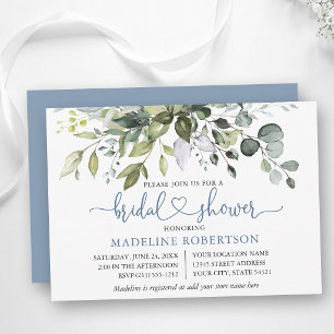 Watercolor Greenery Heart Dusty Blue Bridal Shower Invitation