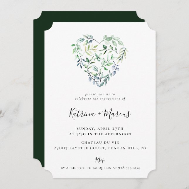 Watercolor Greenery Heart Engagement Party Invitation (Front/Back)