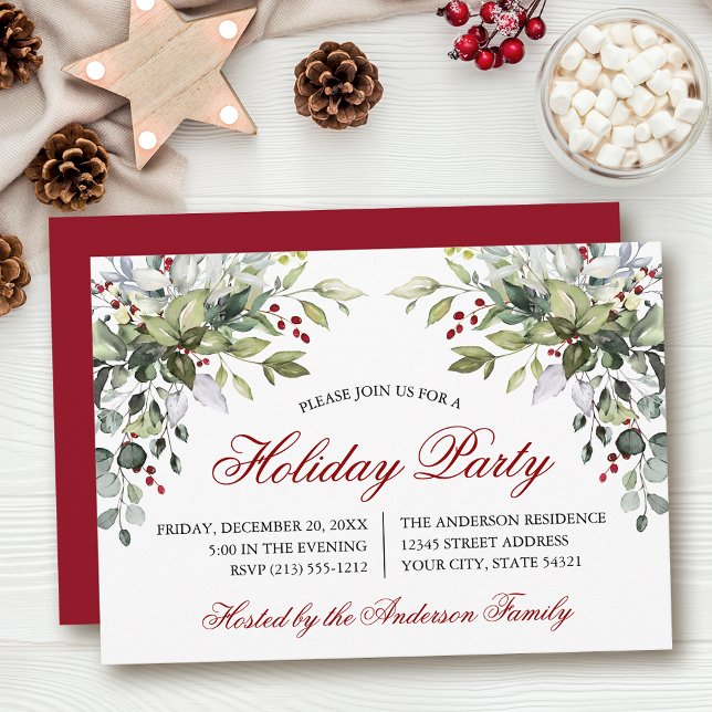 Watercolor Greenery Holiday Party Red Invitation (Customize to change text size, color, style or to change color of back of card.)