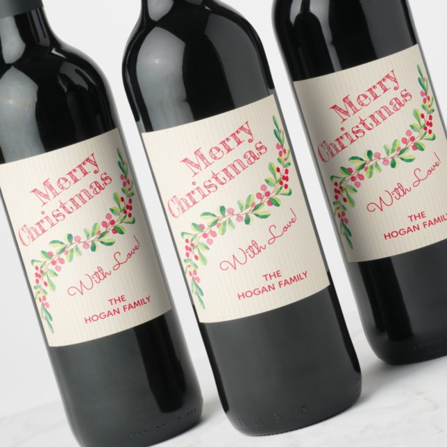Watercolor Greenery Holiday Wine Label (Creator Uploaded)