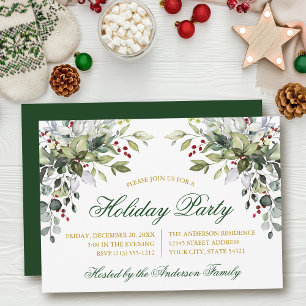 Watercolor Greenery Holly Gold Holiday Party Invitation