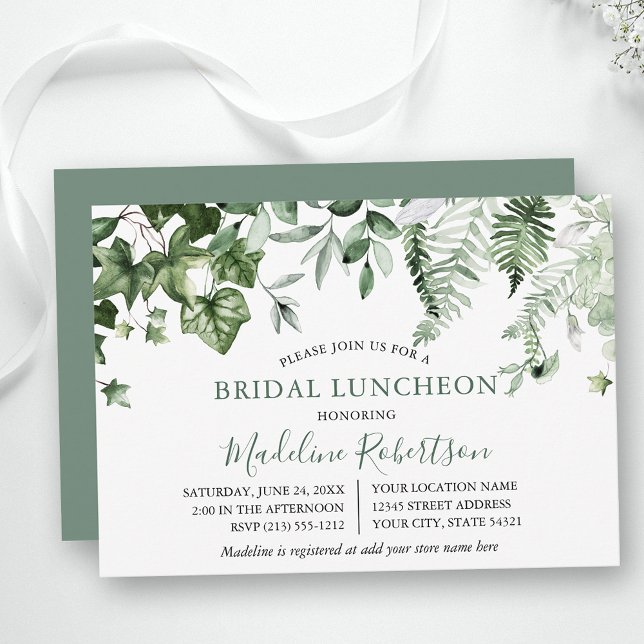 Watercolor Greenery Ivy Ferns Sage Green Luncheon Invitation (Customize to change text size, style or color of back of card.)