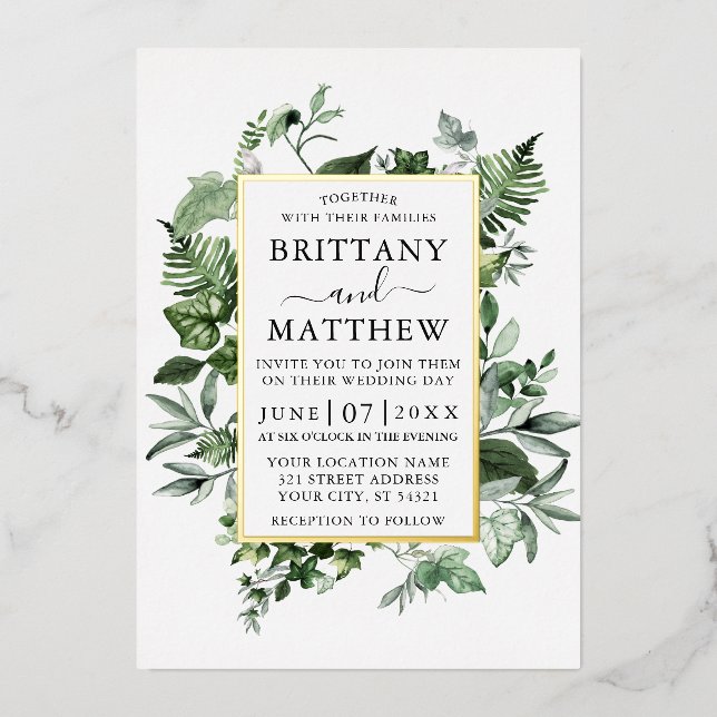 Watercolor Greenery Ivy Ferns Sage Wedding Gold (Front)