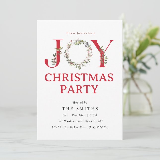 Watercolor Greenery JOY Christmas Party Invitation (Standing Front)