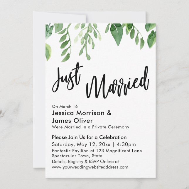 Watercolor Greenery Just Married Celebration Invitation (Front)