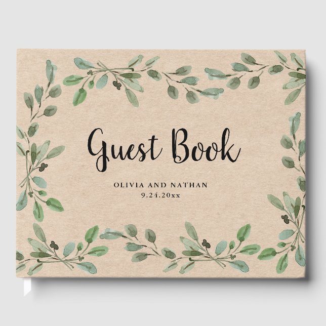 Watercolor Greenery | Kraft Look Wedding Guest Book (Front)