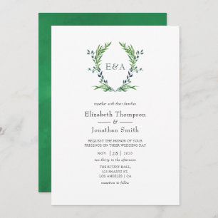 Watercolor Greenery Laurel Crest Monogram Wedding Invitation