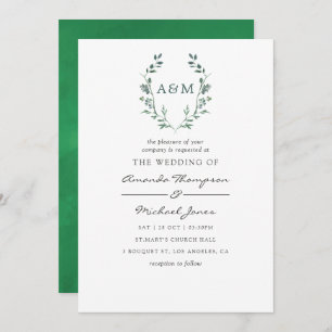 Watercolor Greenery Laurel Crest Monogram Wedding Invitation