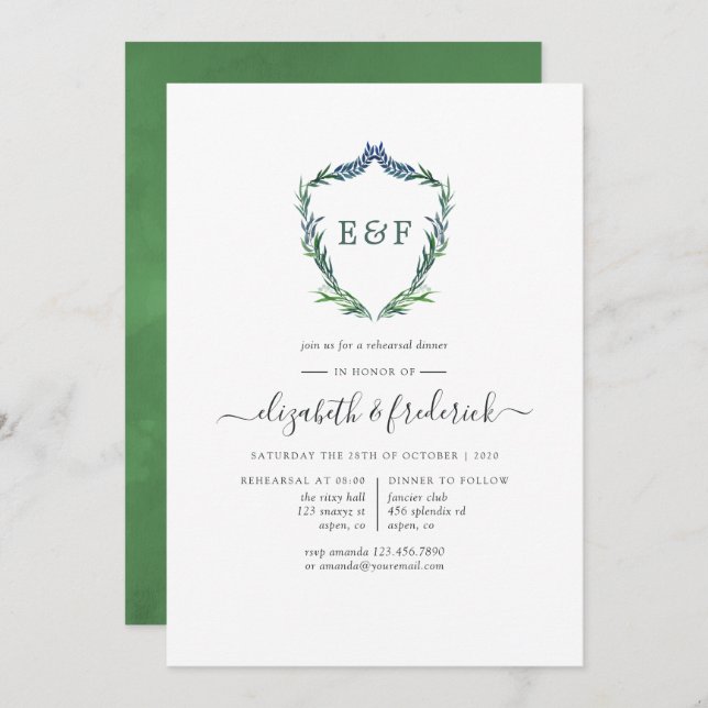 Watercolor Greenery Laurel Crest Rehearsal Dinner Invitation (Front/Back)
