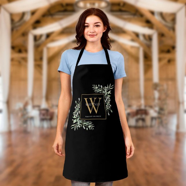 Watercolor Greenery Leaves Black Gold Monogram Apron (Creator Uploaded)