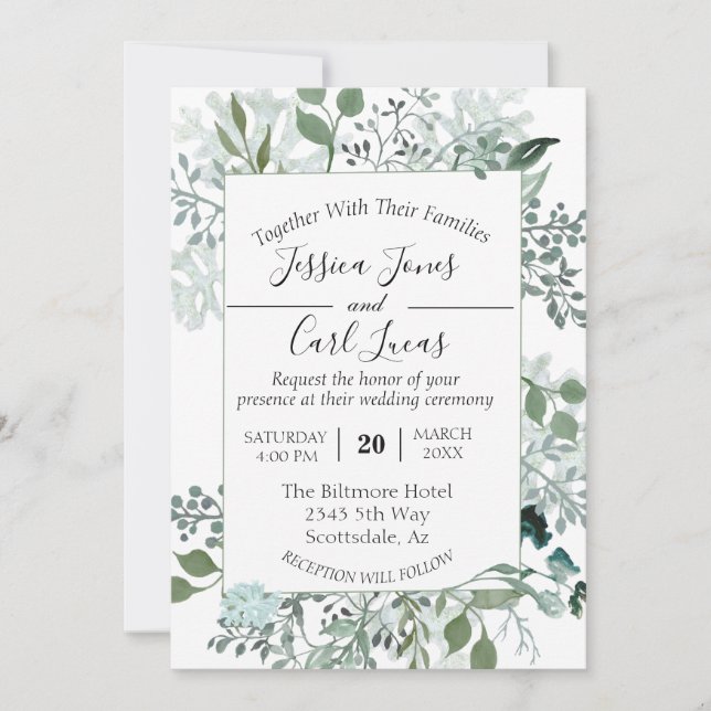 Watercolor Greenery Leaves Botanical Frame Invitation (Front)
