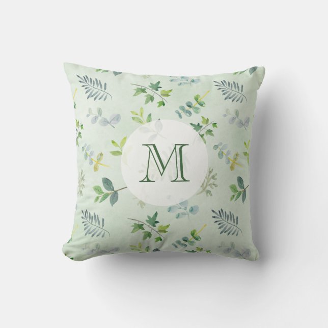 Watercolor Greenery Leaves & Foliage Monogram Cushion (Front)