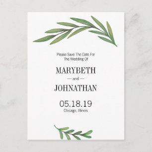 Watercolor Greenery Leaves Save The Date Postcard