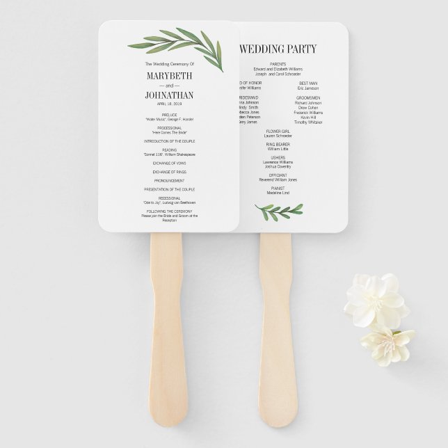 Watercolor Greenery Leaves Wedding Program Fans (Front and Back)