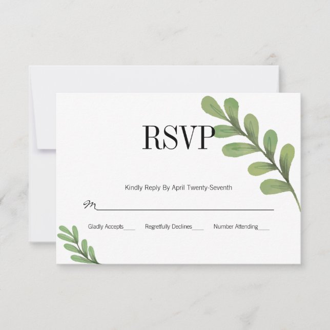 Watercolor Greenery Leaves Wedding RSVP Card (Front)