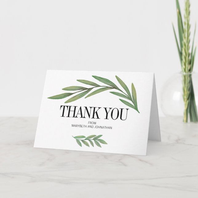Watercolor Greenery Leaves Wedding Thank You Card (Front)