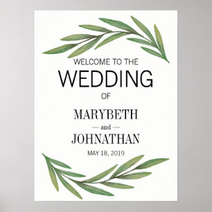 Watercolor Greenery Leaves Wedding Welcome Sign