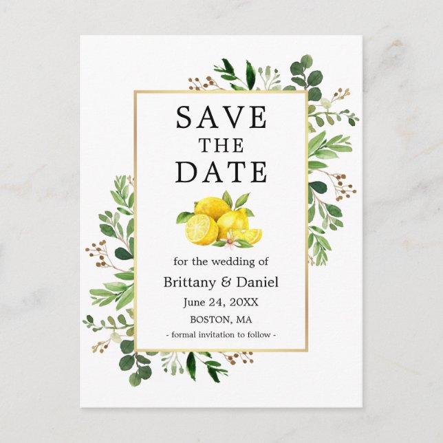 Watercolor Greenery Lemons Save The Date Postcard (Front)