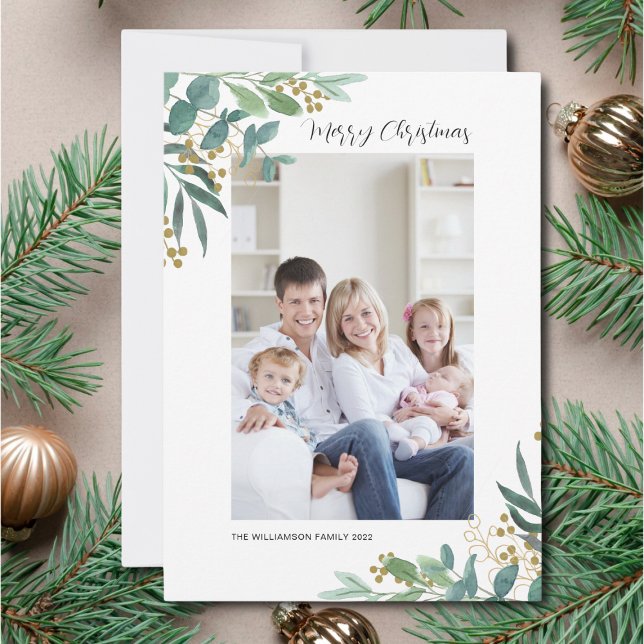 Watercolor Greenery Merry Christmas Photo  Holiday Card (Creator Uploaded)